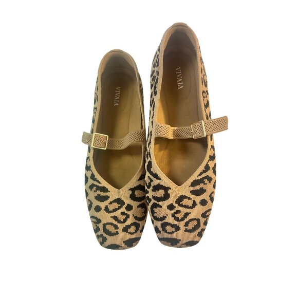 Vivaia Margot Mary Jane Leopard Print Stretch Knit Square Toe Flats 39.5 US 8.5 - Picture 2 of 7